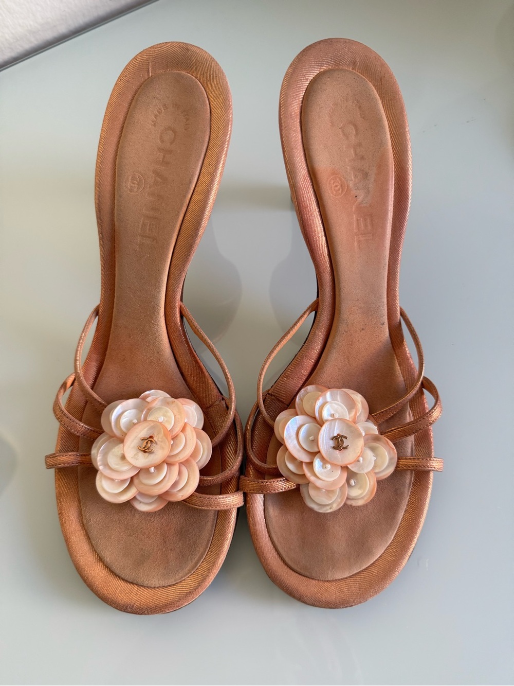 Authentic CHANEL Rose Gold Camellia Slide Sandals